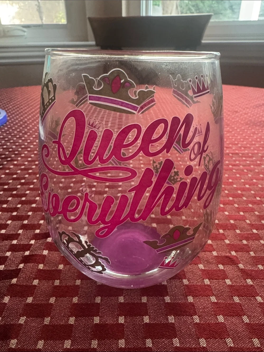 Queen of Everything Purple Crown Stemless Wine Glass Royalty Drinking Glass